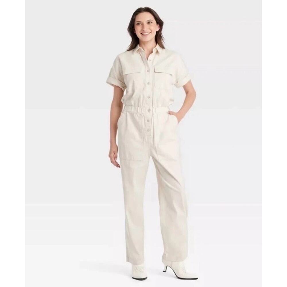 Universal Thread Women's Short‎ Sleeve Linen Boilersuit Jumpsuit Ivory Cream 10